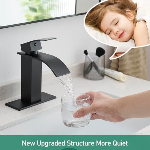 VOTON Black Bathroom Faucets Modern Waterfall Bathroom Sink Faucet Matte Black Single Handle Bathroom Faucet for 1 or 3 Holes with Deck Plate and Pop-Up Drain, Rv Sink Camper Farmhouse Bathroom Faucet