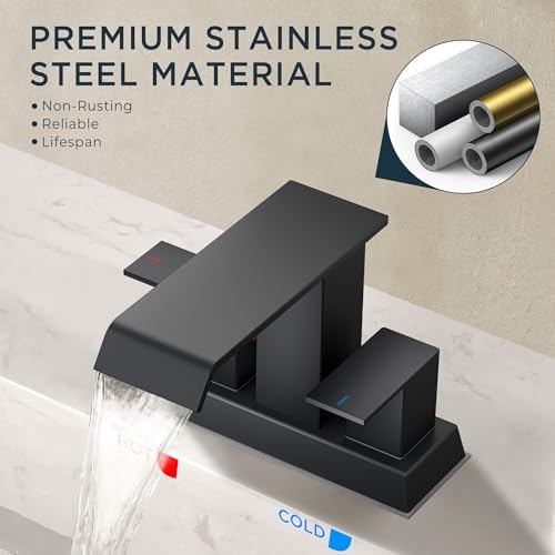 FORIOUS Square Waterfall Matte Black Bathroom Faucets 3 or 2 Hole for 4 Inch Centerset Sink with Metal Pop Up Drain and Hose, Double Handle Operation, Suitable for Vanity RV Restroom Remodel