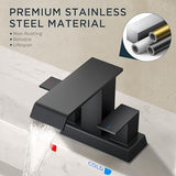 FORIOUS Square Waterfall Matte Black Bathroom Faucets 3 or 2 Hole for 4 Inch Centerset Sink with Metal Pop Up Drain and Hose, Double Handle Operation, Suitable for Vanity RV Restroom Remodel