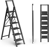 6 Step Ladder for 12 Feet High Ceiling, Folding Step Stool with Handgrip & Anti-Slip Wide Pedal, Portable Lightweight Aluminum Stepladder for Kitchen, Home (300 lbs Capacity) - Black