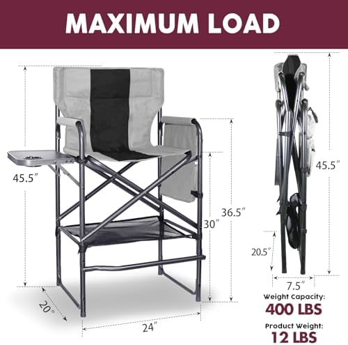 30" Tall Directors Chair with Side Table, 400LBS Bar Height Folding Camping Chair for Makeup Artists, Outdoor Events, Portable Foldable Chair with Cup Holder & footrest - Gray/Black