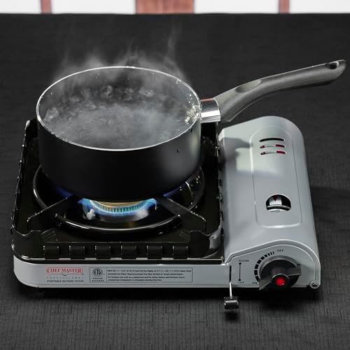 Chef Master 15,000 BTU Portable Butane Camping Stove COMBO with 4 x 8oz. Butane Fuel Canister, Double Wind-Guard Portable Stove Burner for Emergency, Road Trip, Backpacking & Camping Essential - 90019