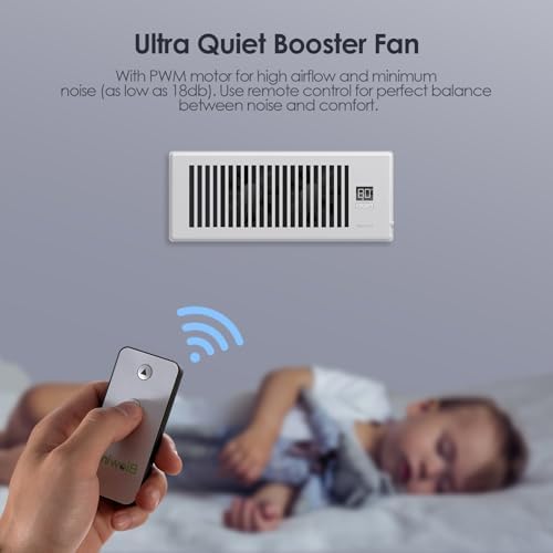 Quiet Register Booster Fan Fits 4" x 12" Register Holes, 10-Speed Smart Heating Cooling AC Vent Fan with Remote Control and Thermostat Control - White