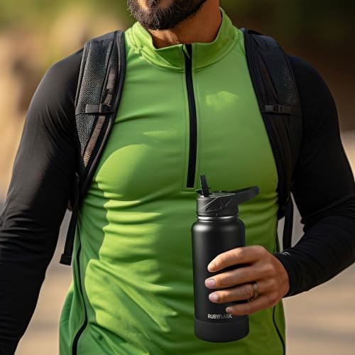 40oz Insulated Water Bottle with Straw, Stainless Steel Metal Vacuum Water Flask, Large Thermos Water bottle with Leakproof 3 Lids for Travel, Camping, Gym Sports Indigo Black