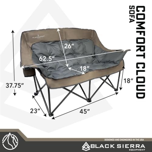 Black Sierra Double Camping Chair for Adults, Oversized Folding Loveseat Supports 600 lbs, Plush Padded Outdoor Couch with Cup Holders and Carry Bag for Beach, Patio, RV, or Tailgating Events