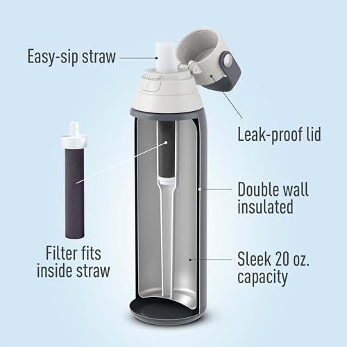 Brita Stainless Steel Premium Filtering Water Bottle, BPA-Free, Reusable, Insulated, Replaces 300 Plastic Water Bottles, Filter Lasts 2 Months or 40 Gallons, Includes 1 Filter, Carbon - 20 oz.