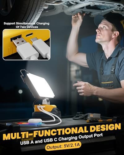 Cordless 20V LED Work Light for Dewalt 20V Max Battery, LIVOWALNY 100W 10000LM 7" Floodlight, LED Flashlights with USB & Type-C & Low Voltage Protection & 140° Pivoting Head for Emergency and Job Site