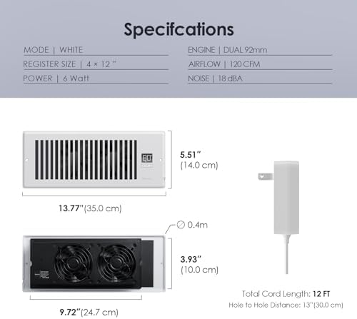 Quiet Register Booster Fan Fits 4" x 12" Register Holes, 10-Speed Smart Heating Cooling AC Vent Fan with Remote Control and Thermostat Control - White