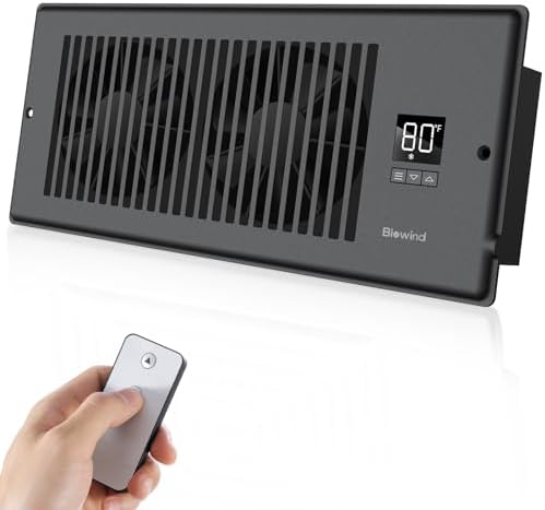 Quiet Register Booster Fan Fits 4" x 12" Register Holes, 10-Speed Smart Heating Cooling AC Vent Fan with Remote Control and Thermostat Control - Black