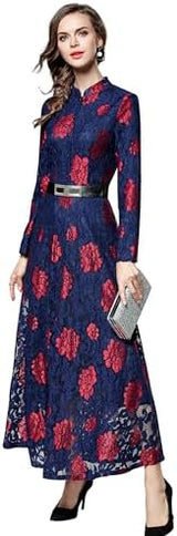 LAI MENG FIVE CATS Women's Flowy Lace Floral Hollow Out Short Sleeve Dress with Belt