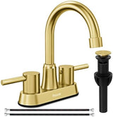 Gold Bthroom Faucet, Brushed Gold Bathroom Faucet, Gold Faucets for Bathroom Vanity, 4 Inch 2 Handle Centerset, Lead-Free, with Copper Pop Up Drain (Brushed Gold)