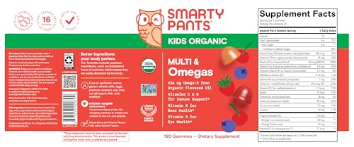 SmartyPants Organic Kids Multivitamin Gummies: Omega 3 (ALA), Vitamin D3, C, Vitamin B12, B6, A, K & Zinc for Immune Support, Biotin, Vegetarian, Three Fruit Flavors, 120 Count (30 Day Supply)