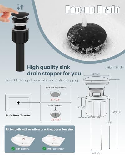 Bathroom Faucets Set with Pop Up Drain, Modern Single Handle Black Bathroom Sink Faucet w/Deck Plate(1 or 3 Hole), Farmhouse RV Vanity Sink Faucet-2 Sets, baño lavamanos Llave