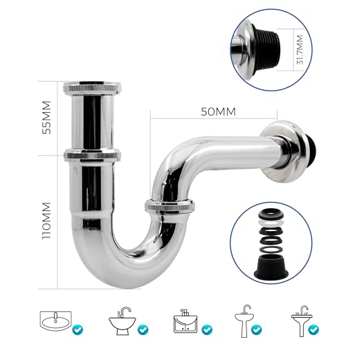 VANCOCO Washbasin Waste Set with Overflow (chrome), Universal Siphon Washbasin with pop-up Waste Valve, Brass Washbasin Waste Set