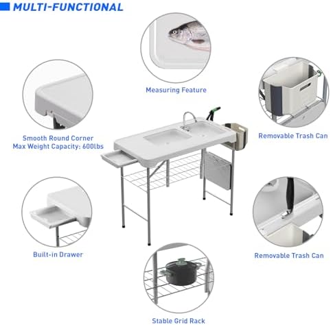 Fish Cleaning Table with Sink 42.6" Width Portable Folding Camping Table with Measure Mark|Outdoor Fish Cleaning Station with Grid Rack&Fish Cleaning Kit for Picnic, Patio
