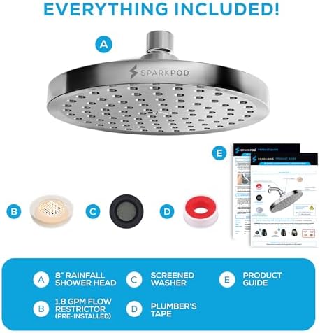SparkPod Shower Head - High Pressure Rain - Premium Quality Luxury Design - 1-Min Install - Easy Clean Adjustable Replacement for Your Bathroom Shower Heads (Luxury Polished Chrome, 8 Inch Round)