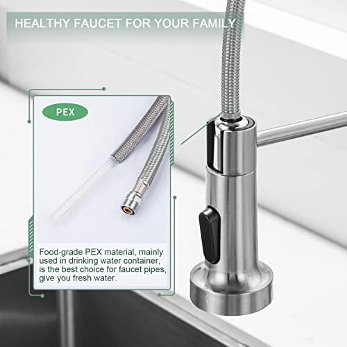 WEWE Kitchen Faucets, Brushed Nickel Kitchen Faucet with Pull Down Sprayer, Industrial Spring Single Handle Stainless Steel Kitchen Sink Faucet with Deck Plate, 1 Hole or 3 Hole for Laundry Rv