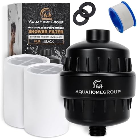 AquaHomeGroup 20 Stage Shower Head Filter with Vitamin C E A for Hard Water - High Output Filter to Remove Chlorine and Fluoride - 2 Replacement Cartridges - Consistent Flow Showerhead Filters