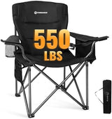 FUNDANGO Oversized Camping Chair for Adults, 550 Lbs Portable Folding Beach Fishing Lawn Chair with Cushion seat & Back, 4-can Cooler&Cup Holder, Carry Bag Included for Outdoor (Black)