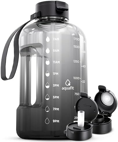 AQUAFIT Motivational Sports Water Bottle With Times To Drink, Straw, Time Marker for Gym - 64 oz Half Gallon Jug - - Large
