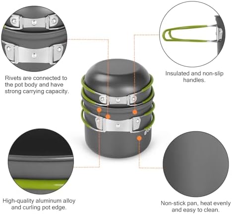 Odoland 16pcs Camping Cookware Mess Kit, Lightweight Pot Pan Mini Stove with 2 Cups, Fork Spoon Kits for Backpacking, Outdoor Camping Hiking and Picnic