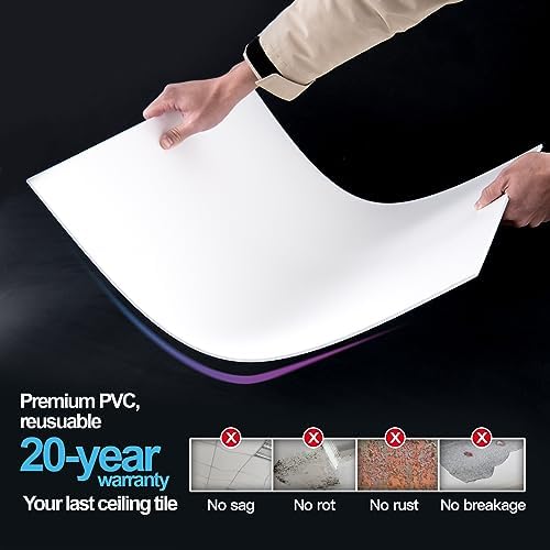 Art3d 12-Pack Smooth Drop Ceiling Tile 2ft x 2ft - Fire-Rated, Waterproof, Reusable - Preimum PVC, No Sag and Breakage - Cover 48 Sq. Ft, White