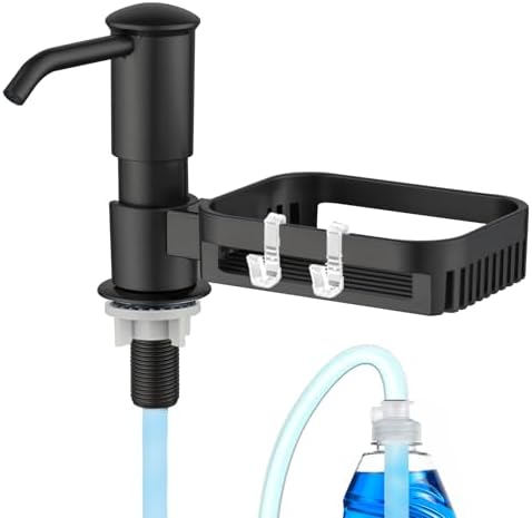 Soap Dispenser for Kitchen Sink, Built in Soap Dispenser Pump with Sponge Holder, Under Counter Black ABS Pump Head with 38" Extension Tube Kit, Good Suction Power (Black)