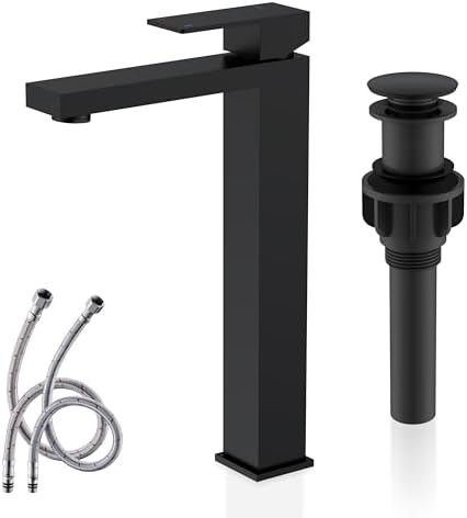 KENES Matte Black Bathroom Faucet Single Handle Tall Vessel Sink Faucet Vanity Bathroom Faucet Basin Mixer Tap with Water Supply Hose and Pop Up Sink Drain, LJ-9031A-2
