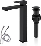 KENES Matte Black Bathroom Faucet Single Handle Tall Vessel Sink Faucet Vanity Bathroom Faucet Basin Mixer Tap with Water Supply Hose and Pop Up Sink Drain, LJ-9031A-2