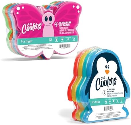 Fit & Fresh Cool Coolers Kids Lunch Box Ice Packs, Slim Ice Packs for Lunch Bags, Multicolored Penguin and Butterfly Set, 8PK