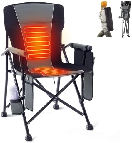 Heated Folding Camping Chair Portable for Outdoor Sports, Fully Padded Heated Lawn Chair Support 400lbs, Collapsible Heated Camp Chair with 3 Heat Levels for Outside, Gray(2 Battery Pack Required)
