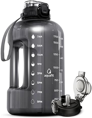 AQUAFIT 64 oz Water Bottle with Time Marker - Straw & Chug Lid - BPA Free Big Water Bottle with Straw - Gym Water Bottle with Handle - Gallon Water Jug (64 Ounces, Gray)