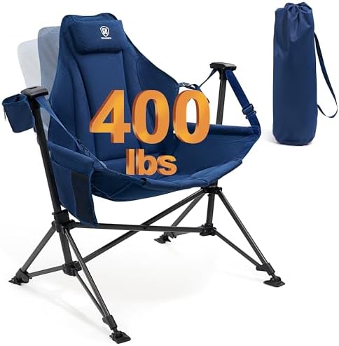 EVER ADVANCED Padded Hammock Camping Chair, Oversized Heavy Duty Swing Chair with Detachable Cup Holder, Portable Folding Rocking Camping Chair for Outdoor&Indoor, Support Up to 400lbs, Blue
