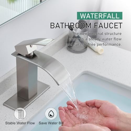VOTON Waterfall Bathroom Faucets Brushed Nickel Modern Single Handle Sink Faucet for 1 or 3 Holes with Deck Plate and Pop-Up Drain, Rv Sink Camper Farmhouse Faucet