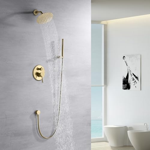 sumerain Brushed Gold Shower Faucet System with high pressure 8 Inches rain shower head and brass hand shower, Rough-In Valve Body and Trim Included
