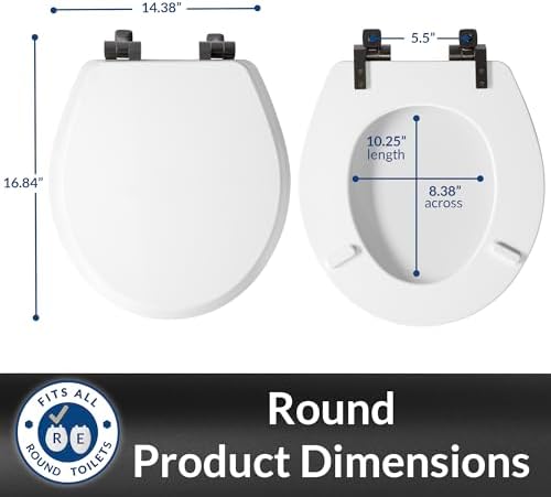 Mayfair Bennett Toilet Seat with Matte Black Hinges, Slow Close Wood Seat, Secure Metal Hinges, Easy Install, Made in USA, Round, White