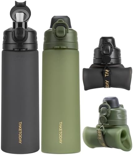Collapsible Water Bottles 20oz, Leak Proof, BPA-Free, Foldable Silicone Travel Water Bottle with Straw Strap for Cycling, Hiking, Outdoors