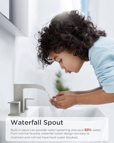 FORIOUS Square Brushed Nickel Bathroom Faucets 3 Hole, Waterfall 8 Inch Widespread Bathroom Sink Faucet with Metal Pop-up Drain and Supply Lines, Two Handles for Vanity, Lavatory, Restroom