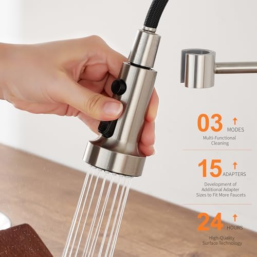 Pull Down Spray Head Replacement - for Kitchen Faucet Sprayer Head with 15 Adapters, 3 Function Pull Out Faucet Spray Nozzle, Brushed Nickel