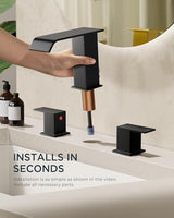 FORIOUS Matte Black Waterfall Bathroom Faucets 3 Hole, 8 Inch Widespread 2 Handles Bathroom Sink Faucet with Pop-up Drain and Flexible Hot and Cold Water Hoses, Suitable for Vanity RV Restroom