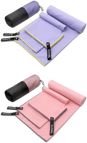 Eunzel 2 Pack Quick Dry Camping Towel, Microfiber Travel Towel 3 Size at 1 Pack,Fast Drying Towel Set for Camping, Beach, Gym, Sports, Yoga & Swimming Pool, Pink/Taro Purple