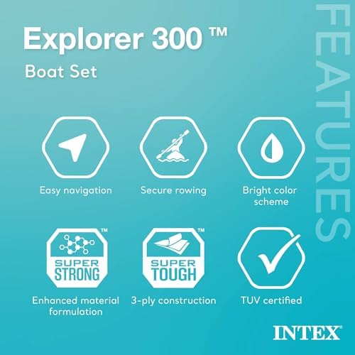 INTEX Explorer Inflatable Boat Series: Dual Air Chambers – Welded Oar Locks – Grab Handles – Bow Rope – Sporty Design