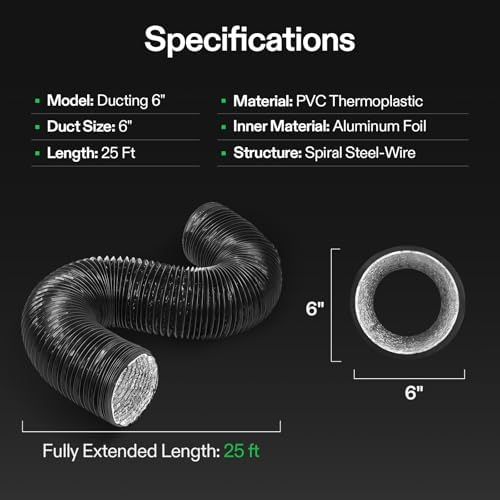 VIVOSUN 6 Inch 25 Feet Black Non-Insulated Flex Air Aluminum Ducting for HVAC Ventilation w/Two 6 Inch Stainless Steel Clamps