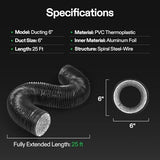 VIVOSUN 6 Inch 25 Feet Black Non-Insulated Flex Air Aluminum Ducting for HVAC Ventilation w/Two 6 Inch Stainless Steel Clamps