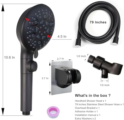 Handheld Shower Head with On Off Switch,8-mode High Pressure Shower Wand with Long Hose and Bracket Extra Adhesive Holder for Lower Mount,Built-in Power Wash to Clean Tub,Tile & Pets,Black…