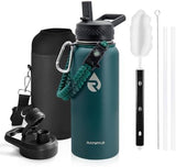 Insulated Water Bottle 32 oz, Triple Wall Vacuum Stainless Steel (Cold for 48 Hrs), Leak Proof & Non-BPA, Modern Water Flask Jug with Paracord Handle & Straw Spout Lids, Dark Green