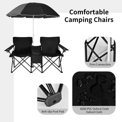 ReunionG Double Folding Camping Chairs, Portable Beach Chairs with Removable Umbrella & Mini Table Carrying Bag, Outdoor Lawn Chairs for Picnic, Patio, Pool, Park (Black)