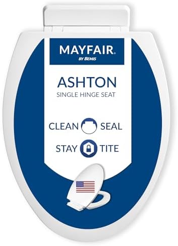 Mayfair Ashton Easy to Clean Single Hinge Toilet Seat, Modern Slow Close Wood Toilet Seat, Made in USA, Elongated, White