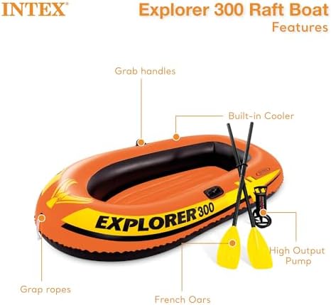 INTEX Explorer Inflatable Boat Series: Dual Air Chambers – Welded Oar Locks – Grab Handles – Bow Rope – Sporty Design