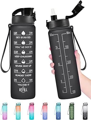 Enerbone Water Bottle, Leakproof BPA & Toxic Free, Motivational Water Bottle with Times to Drink and Straw, Fitness Sports Water Bottle with Strap for Office, Gym, Outdoor Sports